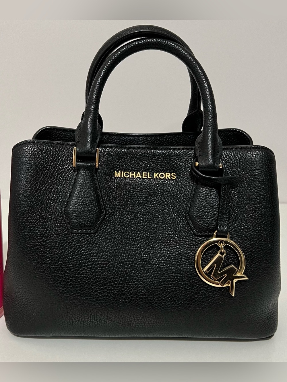 Michael Kors Black Pebbled Leather Satchel with Gold Accents